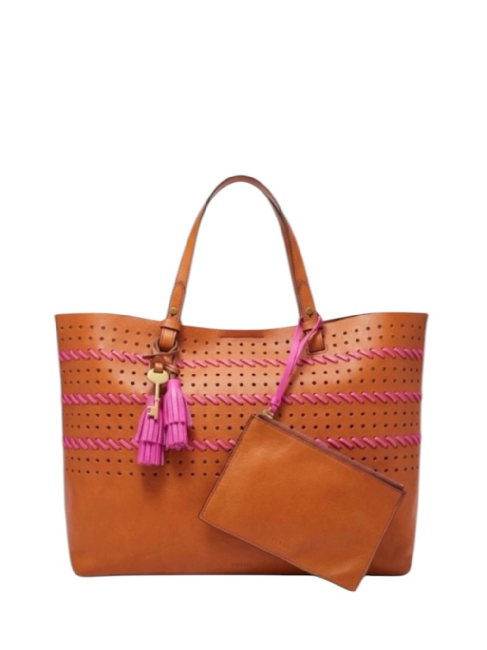 Fossil Tan all Leather Tote with Pink Accents and gold key